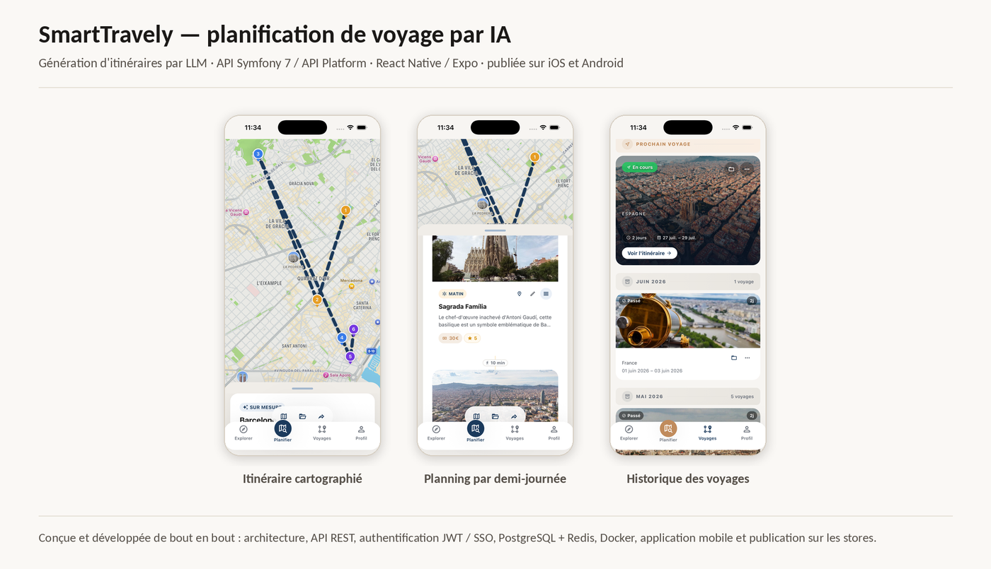 Trois écrans de l'application SmartTravely : itinéraire cartographié avec étapes numérotées, planning par demi-journée avec photos et temps de trajet, historique des voyages